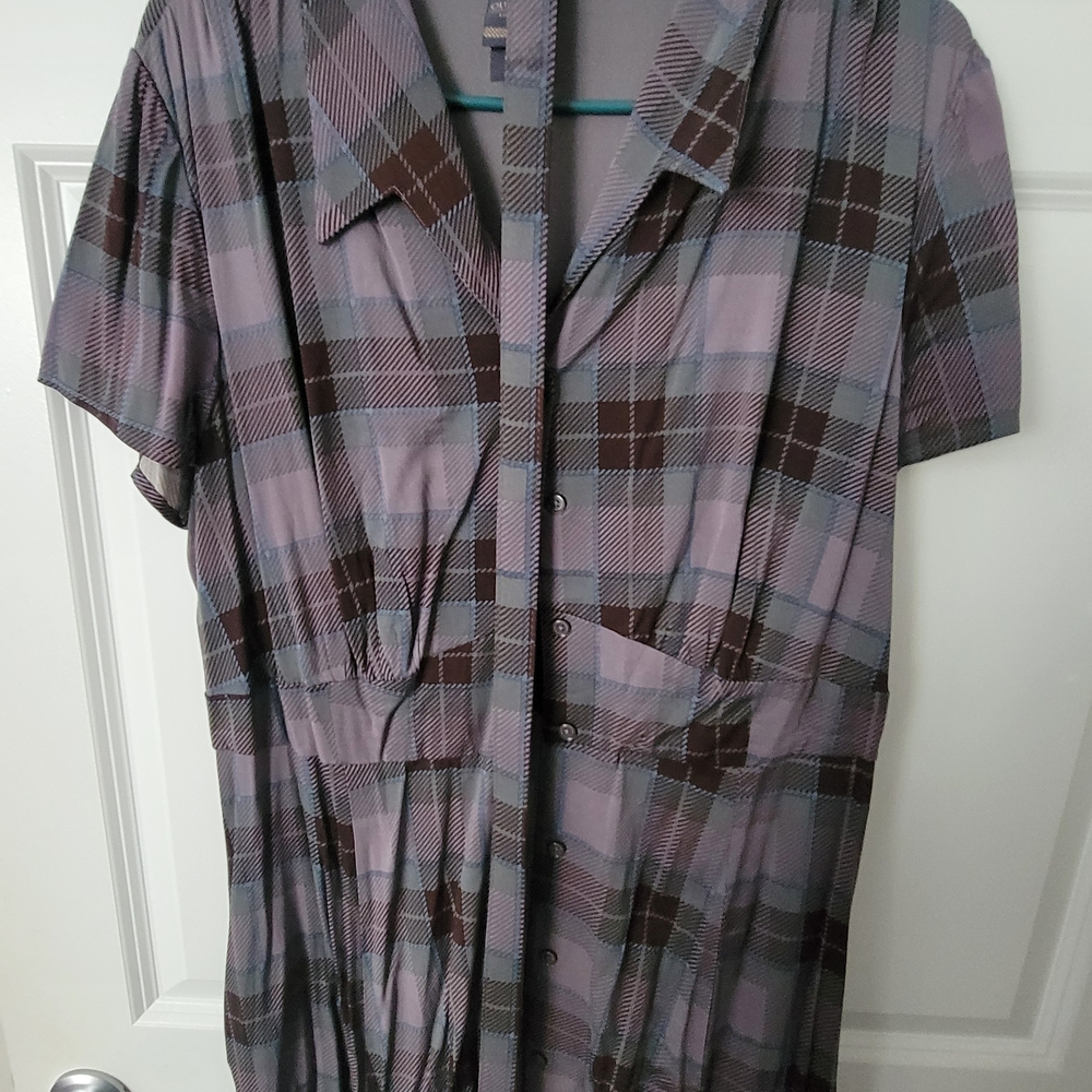 torrid Plaid Button-Front Midi Dress in Gray and Brown - Picture 3 of 4